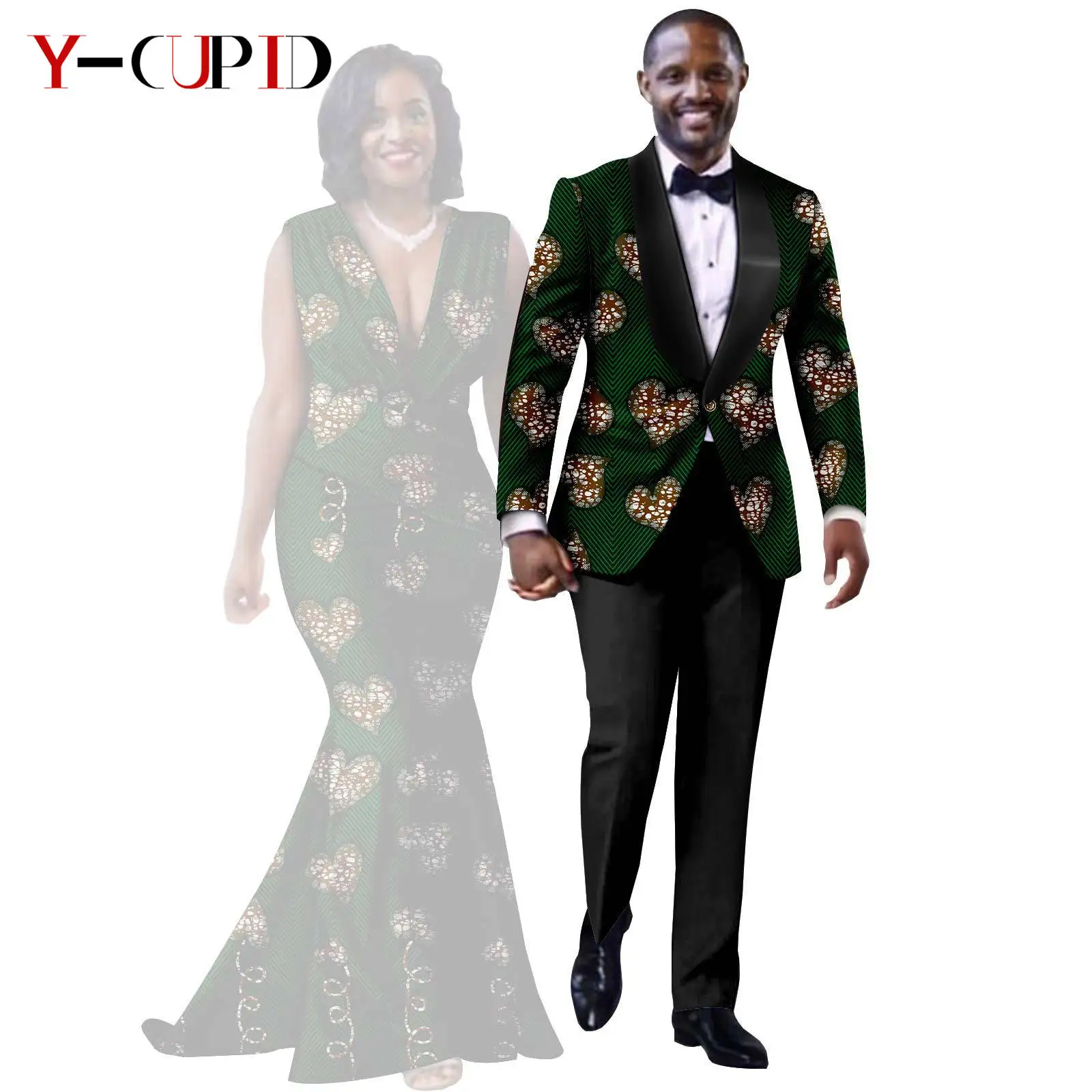 African Print Long Mermaid Dresses for Women Matching Couple Clothes Men Suits Top and Pant Sets Dashiki Party Wedding 25C005
