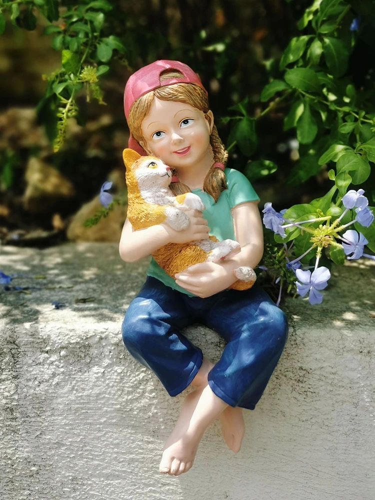 

Outdoor Garden Decor Ornaments Girl Gift American Country Terrace Home Decor Courtyard Landscape Balcony Decoration Girl And Cat