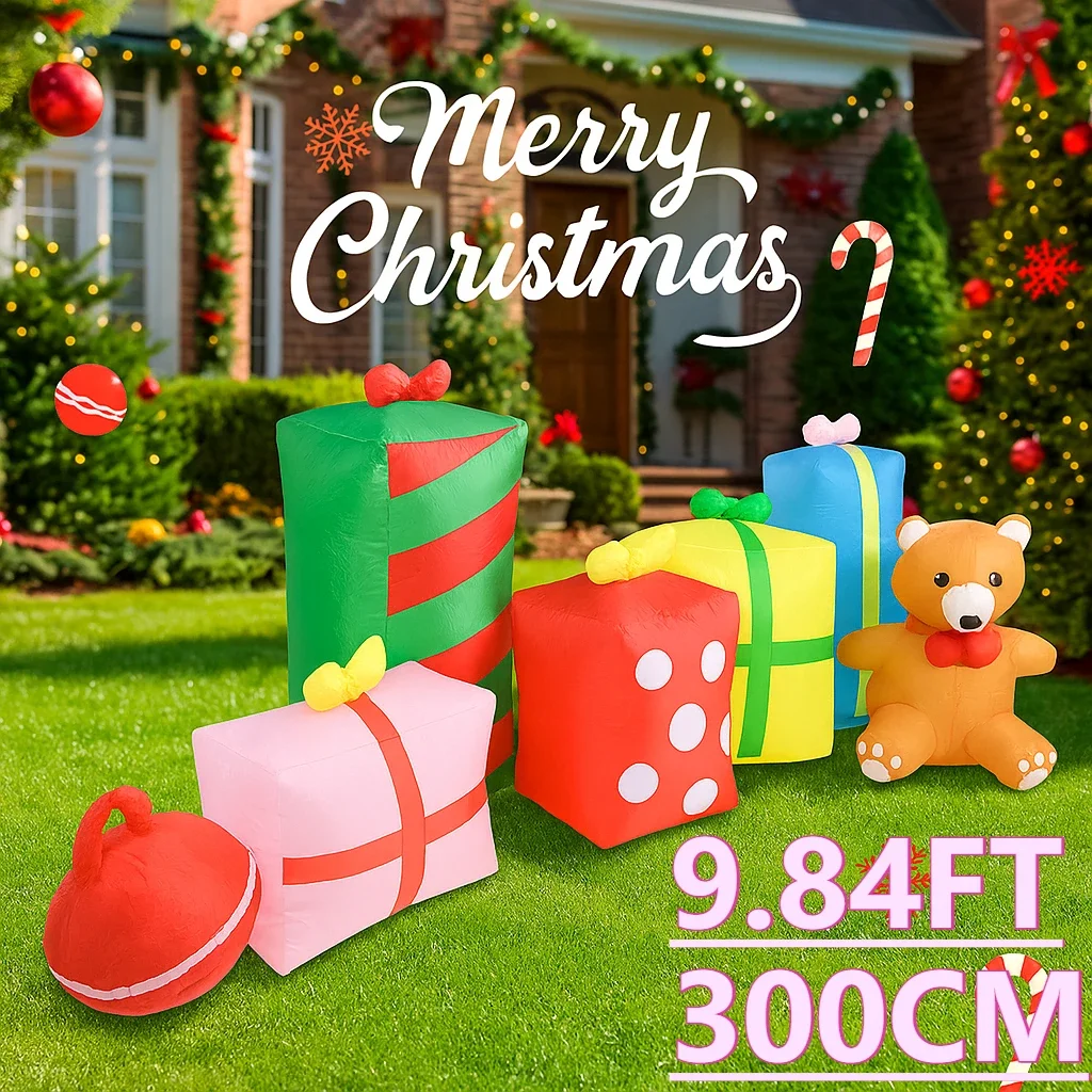 Cajas inflables de Navidad con luz LED de 9,84 pies, oso de peluche, juguete, decoración de fiesta, decoración del hogar, suministro de adorno, regalo de vacaciones de Navidad