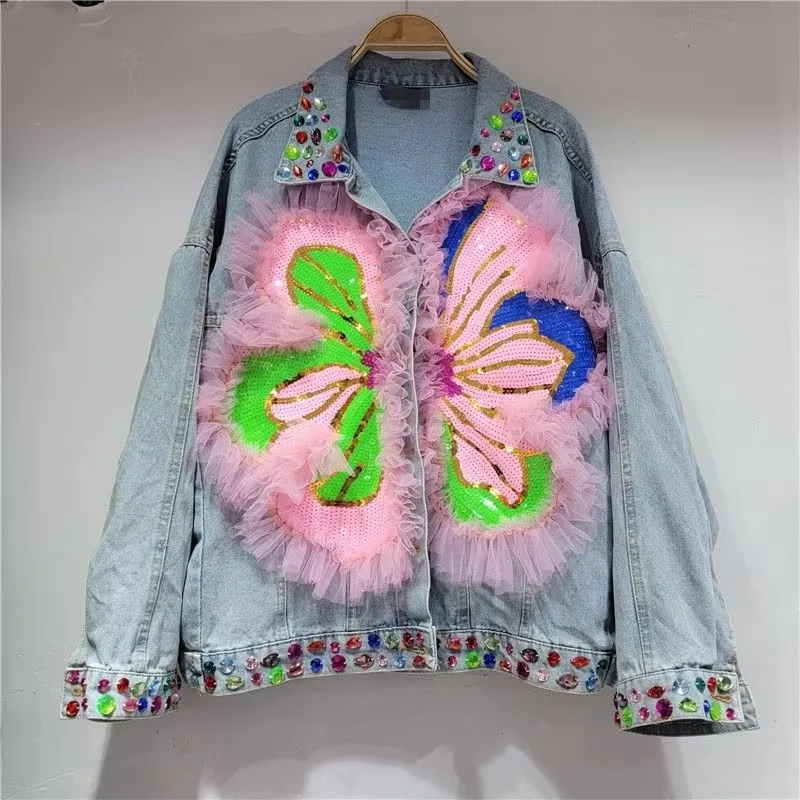 2026 Spring Sequin Flower Women Blue Denim Jackets Lapel Long Sleeve Casual Chaqueta Mujer Female Jeans Jacket Streetwear