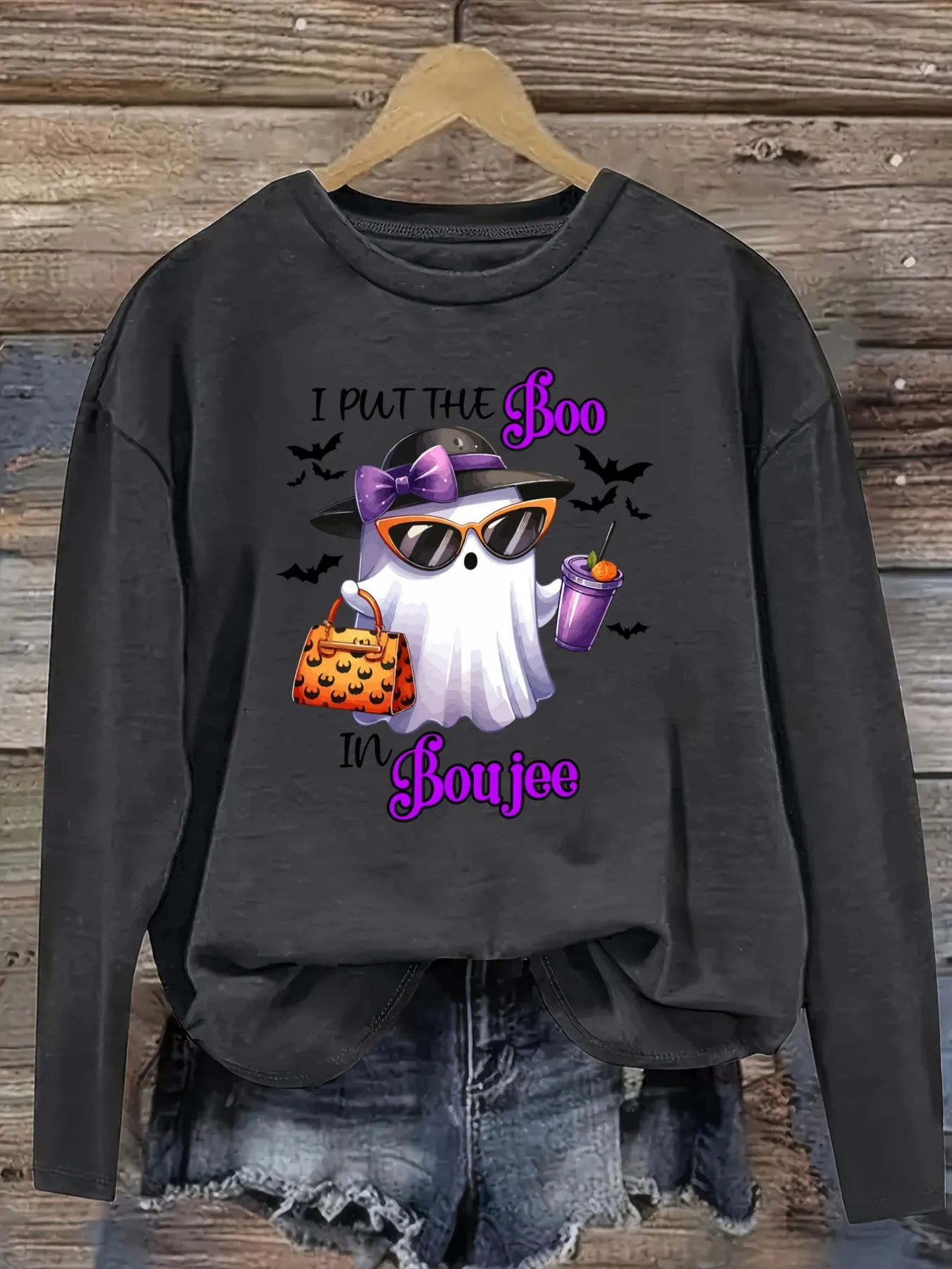 Women's Casual Long Sleeve Crew Neck T-Shirt I Put The Boo In Boujee Design, Round Neck Women's Clothing, Machine Washable, Slightly Elastic, Loose Fit, Spring Autumn Winter Women's T-Shirt, Halloween Costume Outfit