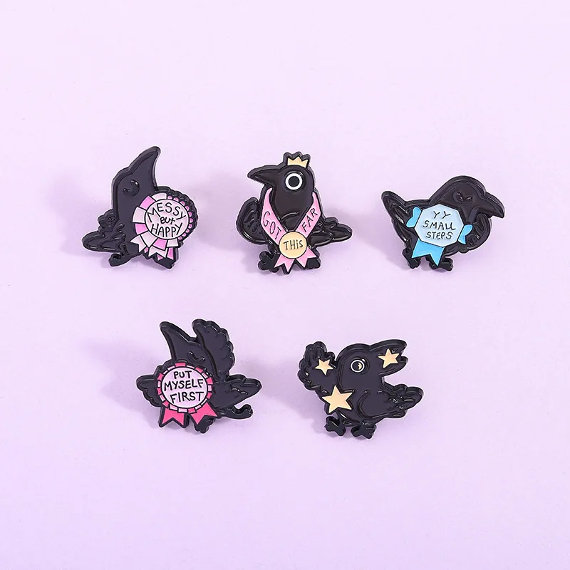 Cute Black Crow Raven Enamel Pins 5Pcs Inspirational Positive Quote Brooch Gothic Lapel Badge Mental Health Gift Bag Clothes