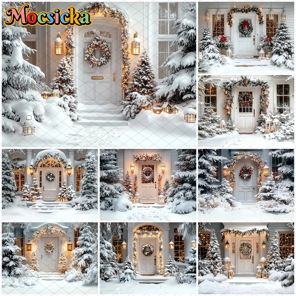 

Mocsicka Winter Snow Backdrops Photography Christmas New Year Party Tree White Door Decors Backgrounds Studio Festival Wallpaper