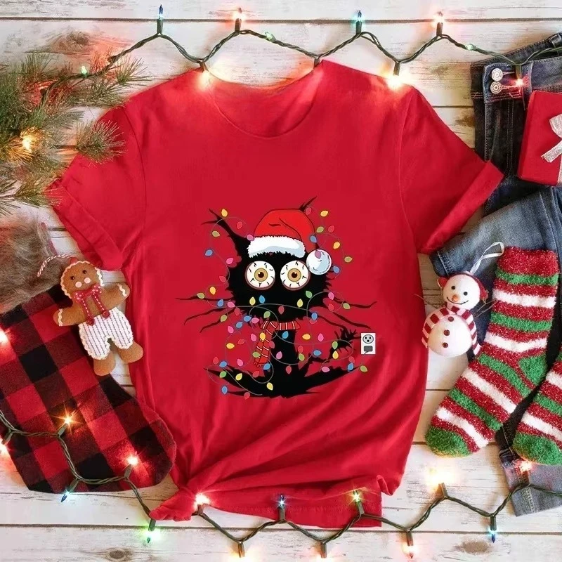 Black Cat Winding in Lights  Women's Oversized T-Shirt Merry Christmas Gift O Neck Girls Y2k Tops Lady Fun Cute Short Sleeve Tee