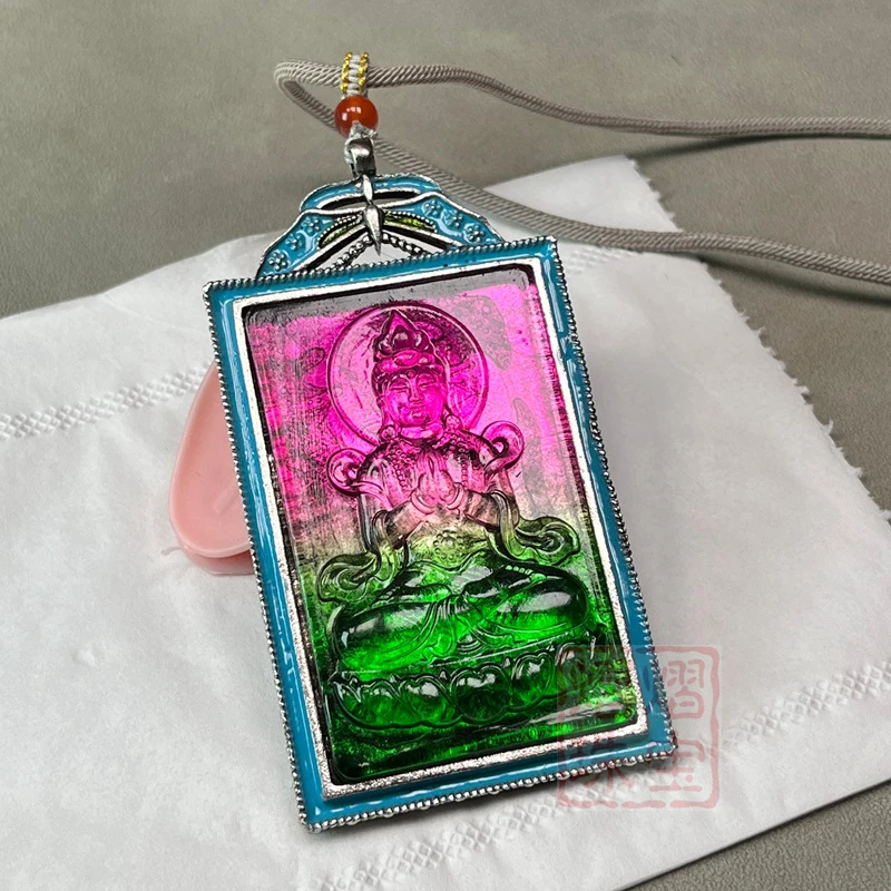 Wholesale ethnic-style imitation high-grade ice jadeite Guanyin pendant sweater chain, longevity and longevity amulet with ename