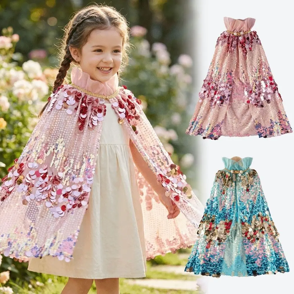 Shining Sequins Girls Princess Cape Cosplay Mesh Elegant Dress Cape Performance Accessory Girl Tulle Cloak Carnival Party
