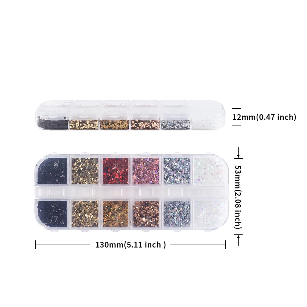 12 Gitter 3D Mini Herzchen Stern Nagelkunst-Pailletten 1mm Holographische Pentagramm-Nagelflocken Liebes-Pailletten für Nagelkunst-Dekorationen – Detail 1