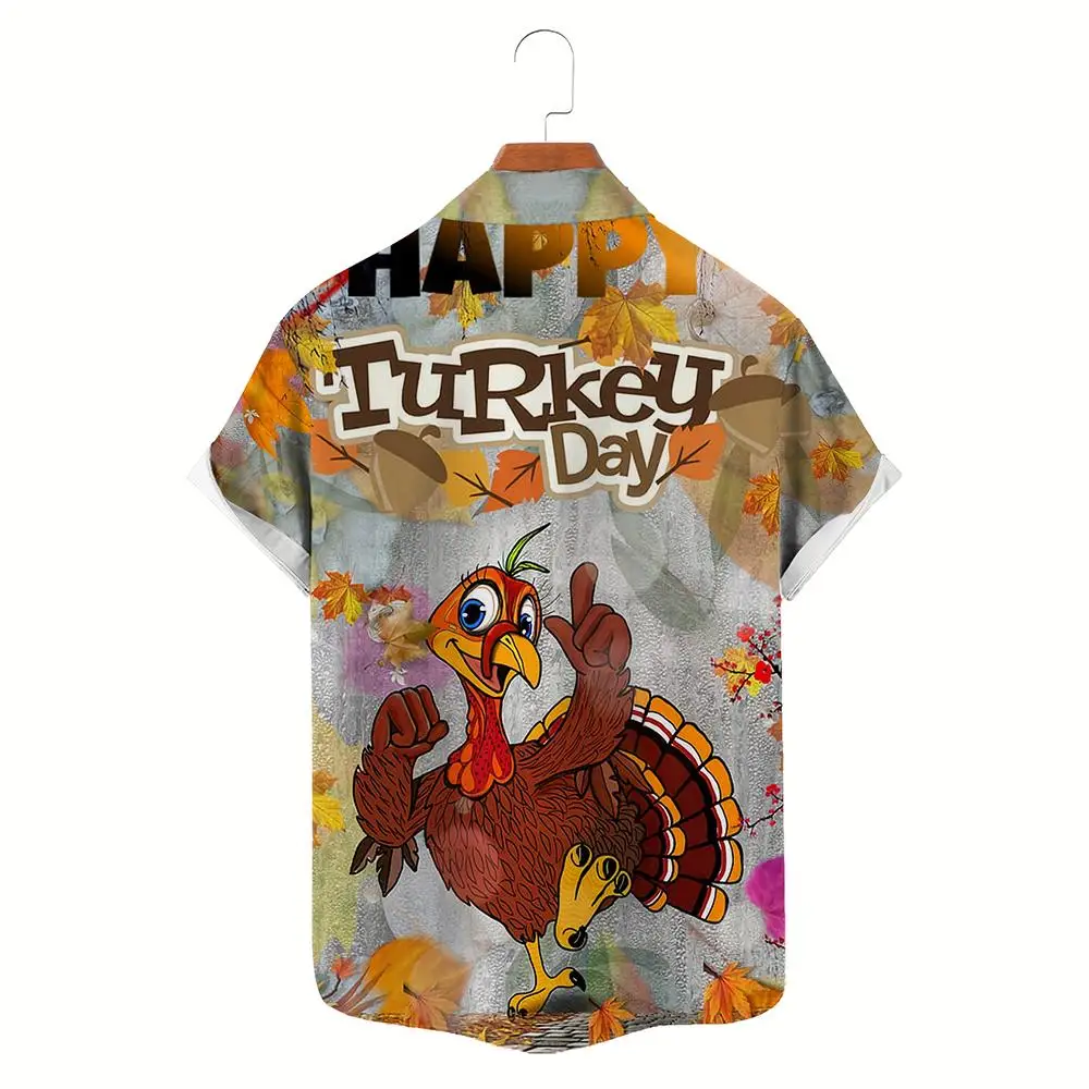 Funny Turkey 3D Print Thanksgiving Shirt Street Fashion Popular Lapel Buttons Tops Unisex Casual Holiday Short Sleeve Blouse