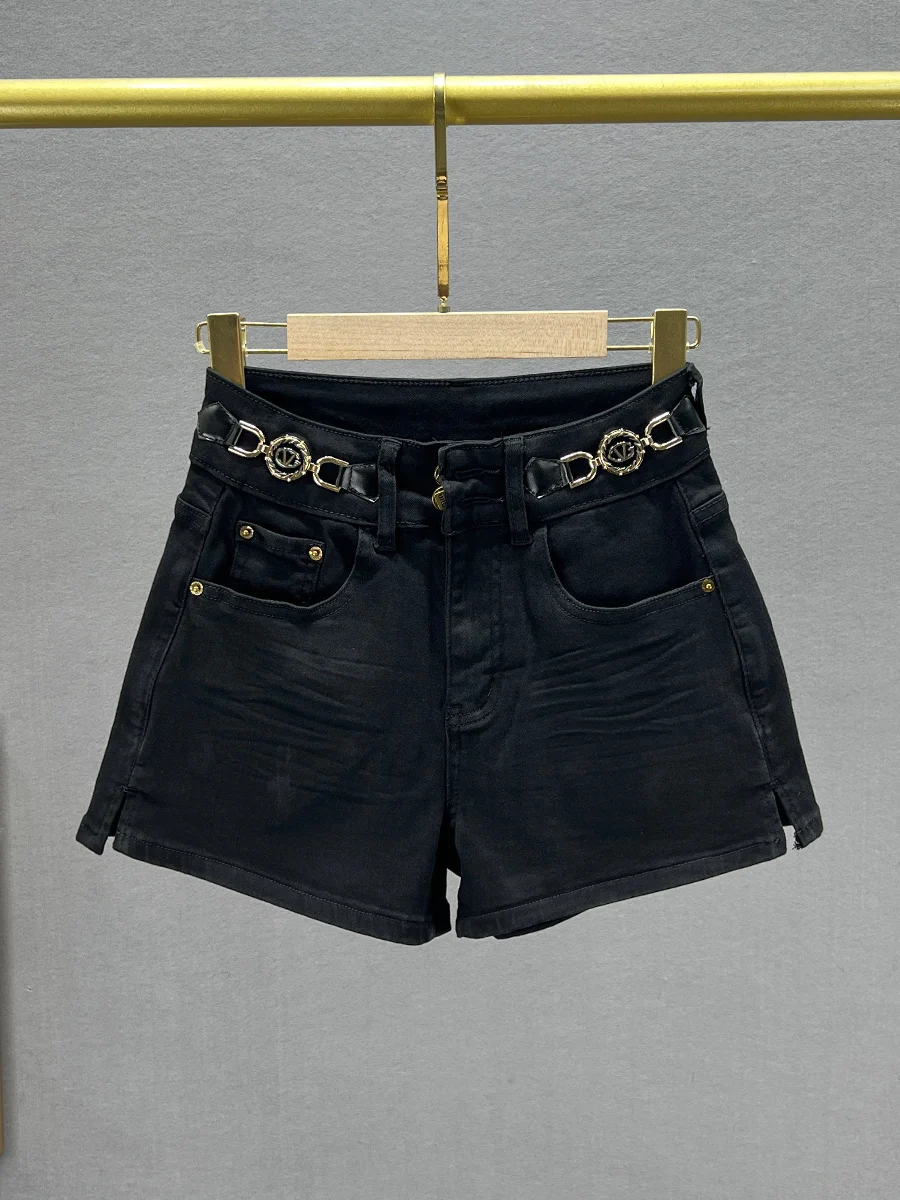 

Женские джинсовые шорты с высокой талией, черные, расклешенные, эластичные, утягивающие, А-силуэт, новинка ранней осени, из хлопкового стрейч-денима