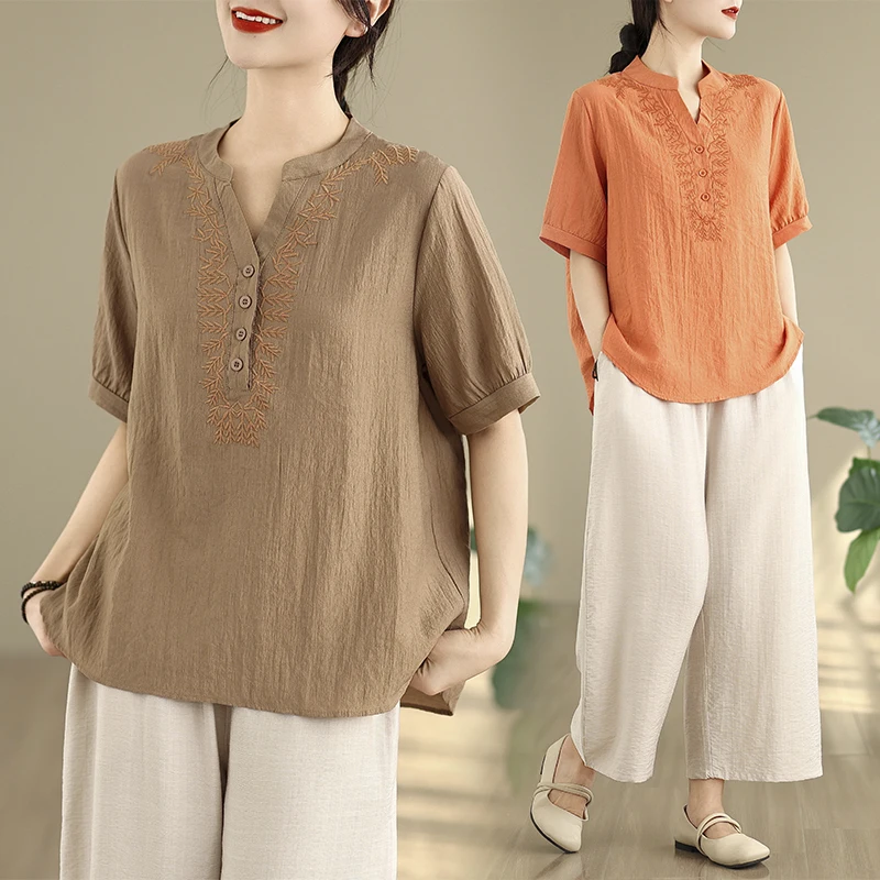 

Summer New Linen Embroidered Top High Waist Wide Leg Pants Two Piece Set Mommy Clothes Age Reduction ort Sve Embroidery