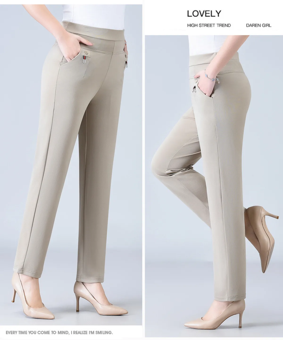 Candy Color Korean Stretch Pants Slim High Waist Straight Pants Women Trouser Patchwork Pocket Casual Thin Classic Pantalones