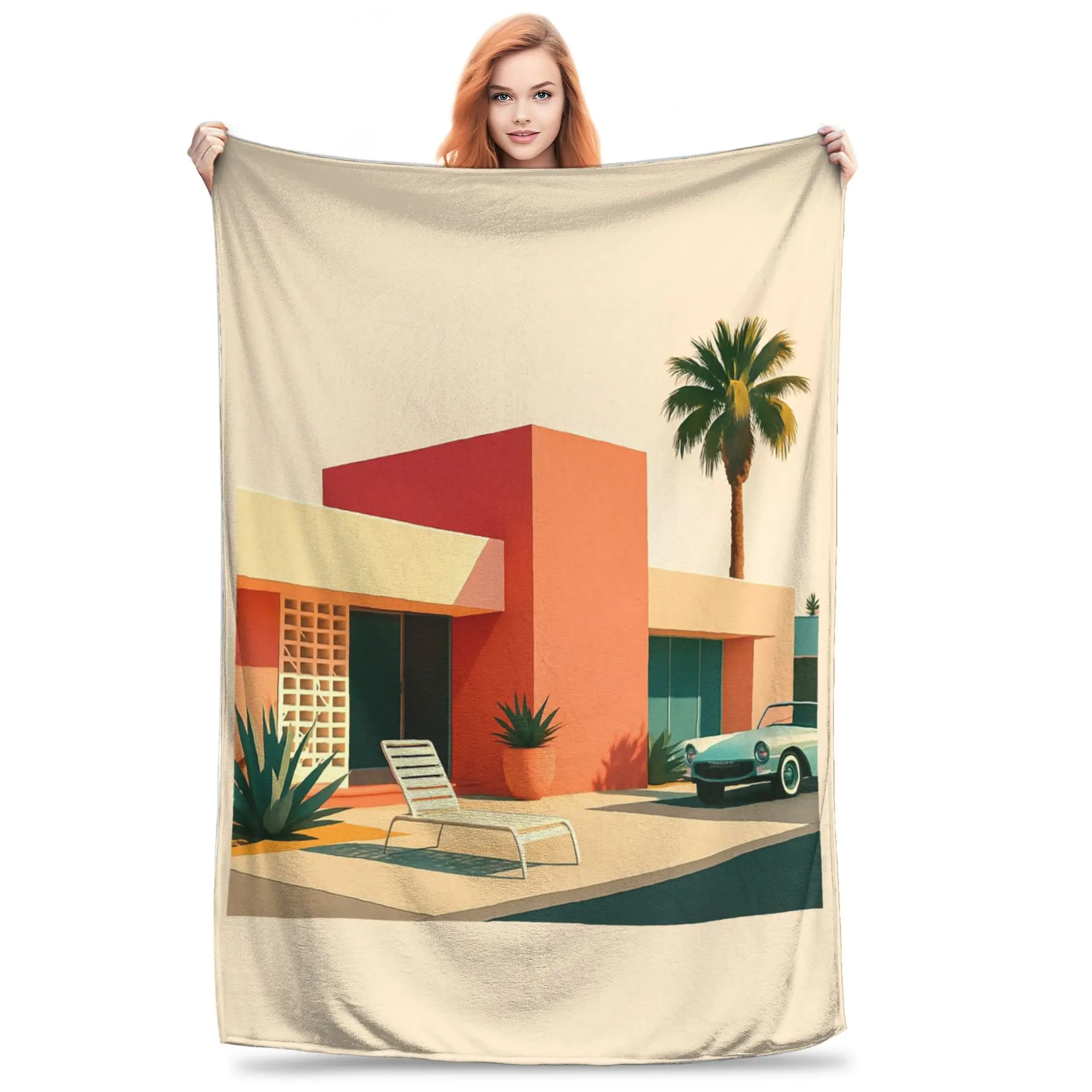 

Пустынный салон и винтажный автомобиль, очаровательное одеяло середины века в солнце, теплое фланелевое одеяло для дивана для дома, спальни, улицы