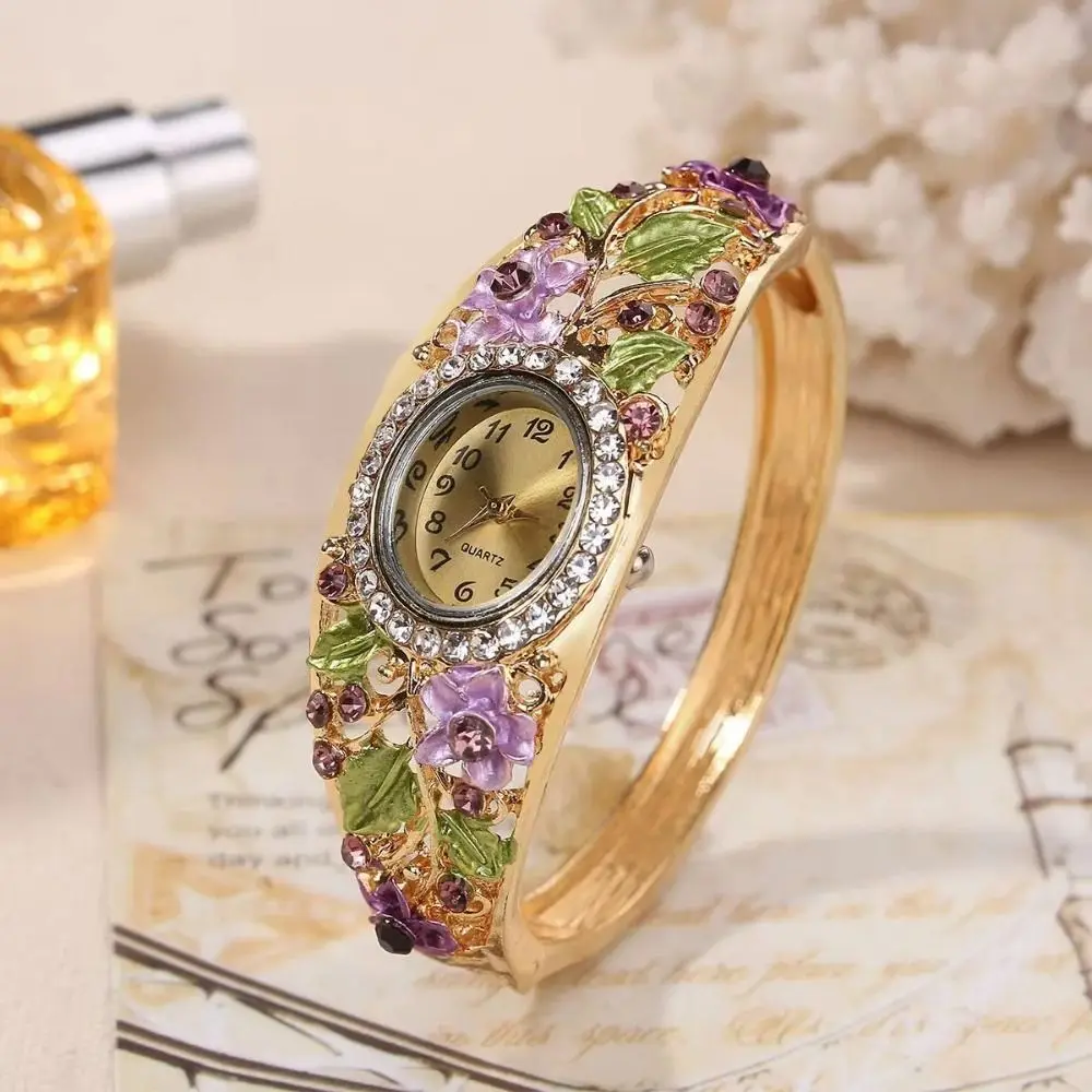 Rich In Flowers Vintage Watch Round Dial Rhinestone Bracelet Quartz Watch Crystal Jewelry Versatile Design Bracelet Watch