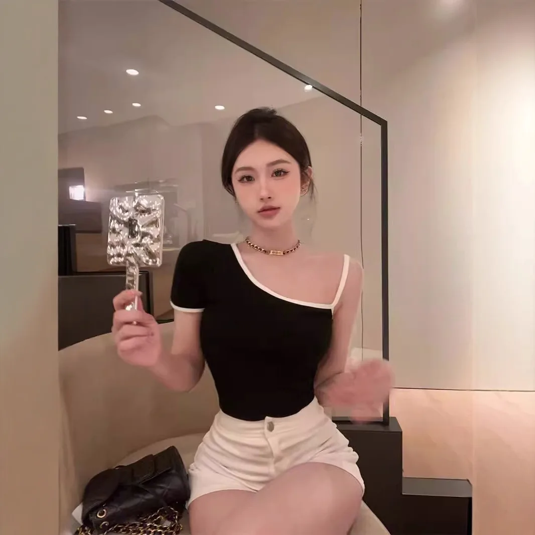 

Off Shoulder T-Shirt Hot Pink Womens Winter Cozy Regular Cut Classic Professional Style for Office Lady Soft Texture Ribbed Vibe