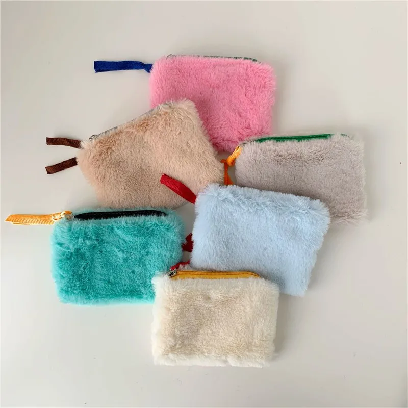 Plush Makeup Bag Winter New Women Small Square Wallet Solid Color Cute Pouch Zipper Cosmetic Bag Korean Girls Mini Coin Purses