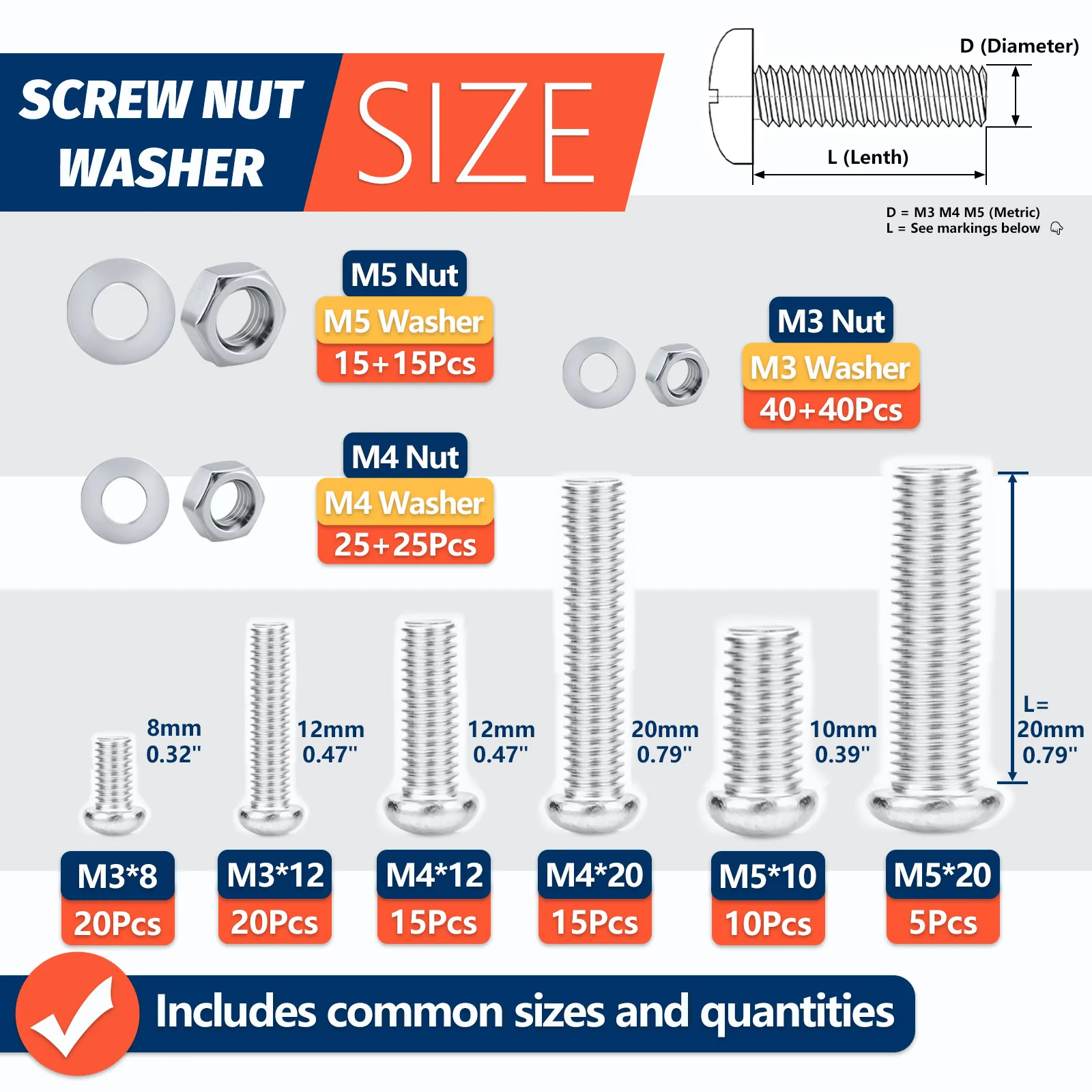 240Pcs Screws Bolts and Nuts Assortment Kit, Metric Machine Screws and Nuts and Bolts and Flat Washers, M3 M4 M5 Pan Head Sets