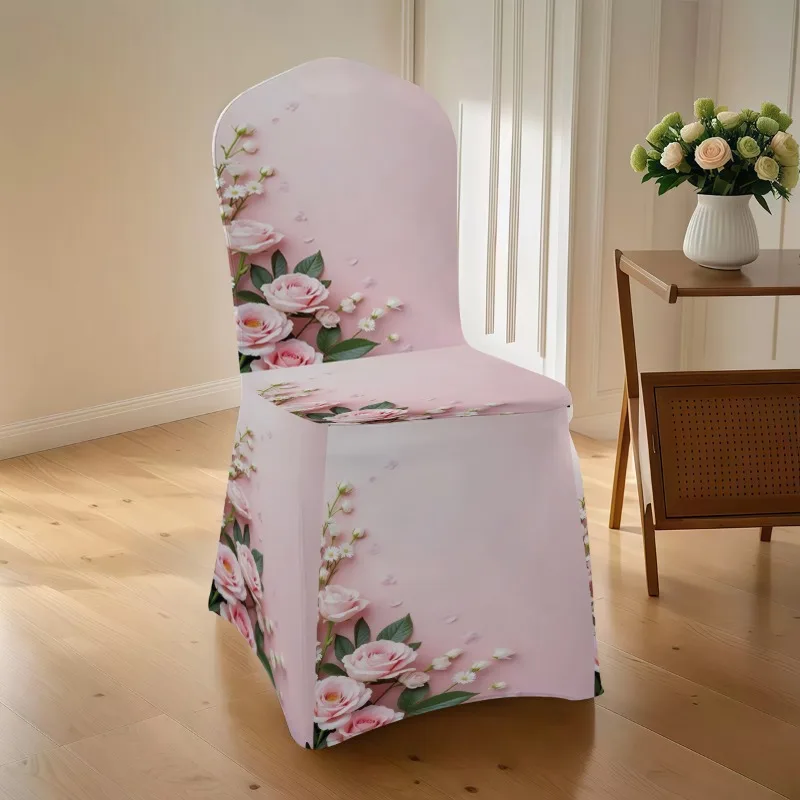 Pink rose print stretch chair cover. Washable, non-slip, easy to install. For weddings, dates & gifting.