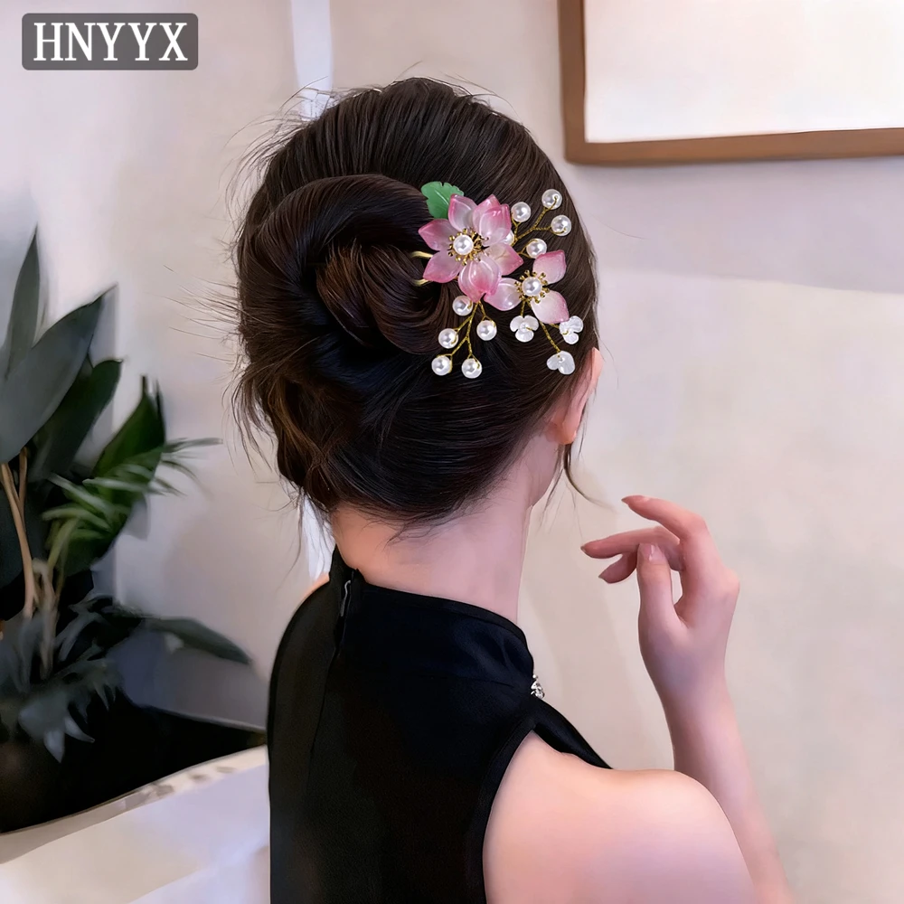 

HNYYX Chinese Qipao Hair Accessories Pink Peach Blossom Hair Clip Bridal U-shaped Clips Vintage Wedding Hairpins Headdress A397