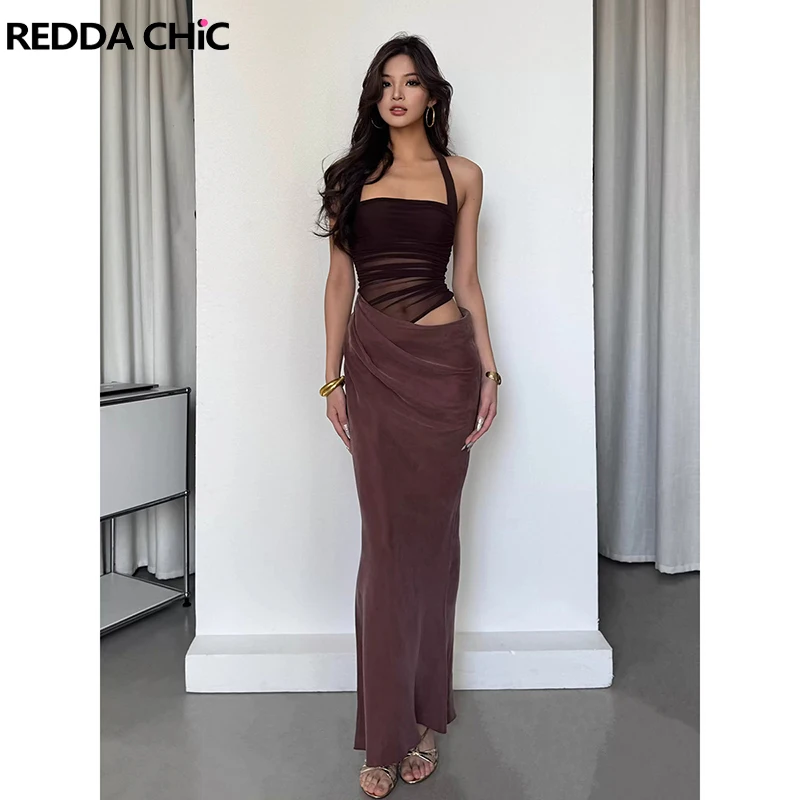 

REDDACHiC See Through Mesh Bodycon Dress for Women Hot Summer Hollow Out Halter Mermaid Ruched Maxi Long Dress Night Party Gown