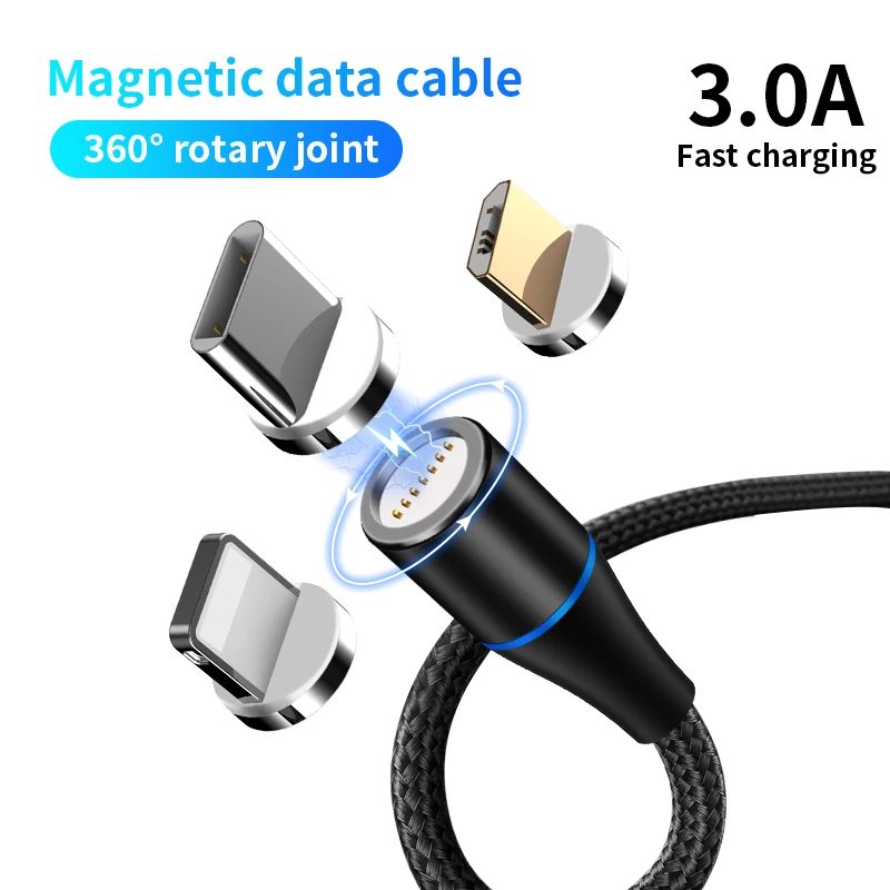 3A Super Fast Charge Cable Magnetic Charging USB Cable 360 Degree Rotate Micro USB Type C Cord Phone Charger Wire Magnet Cable