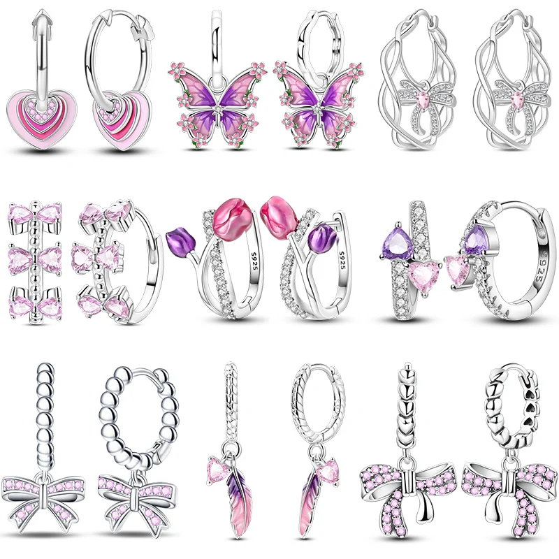 925 Sterling Silver Pink Earrings Sparking Butterfly Bow Feather Hoop Earrings For Women Fine Birthday Anniversary Jewelry Gifts