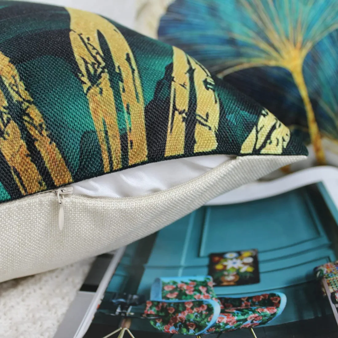 AT13 Square Throw Pillow Covers Pack of 4 Green and Gold Leaves Cushion Covers Linen Sofa Cushions 45cm x 45cm