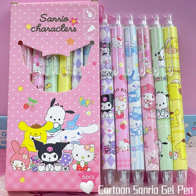 6Pcs Kawaii Sanrio Hello Kitty Kuromi Melodys Quick Drying Gel Pen Cute Pressing Pens Student Stationery School Office Supplies