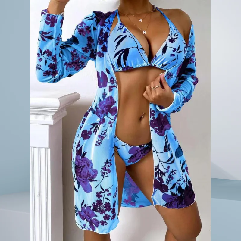 

Sexy Bikini set Floral Print 3 Piece Set Swimsuits Triangle Halter Tie Strap Bikini & Long Sleeve Cover Up Swimsuit