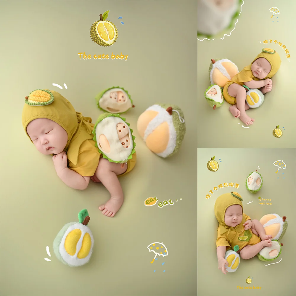 funny-durian-theme-newborn-photography-props-baby-photo-romper-hat-set-plush-durian-props-studio-creative-photoshoot-accessories