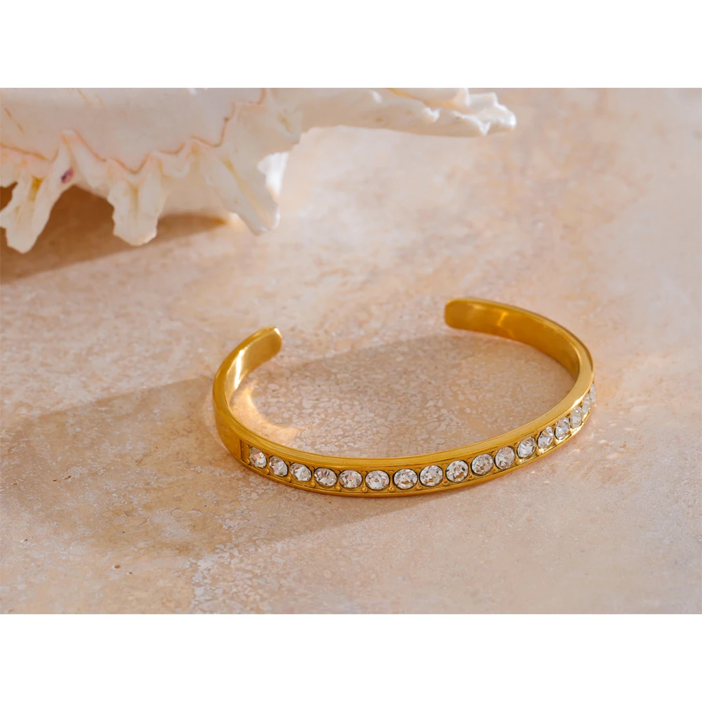 Yhpup Stainless Steel Bling Cubic Zirconia Cuff Open Bracelet Bangle 18K PVD Plated Tarnish Resistant Fashion Jewelry