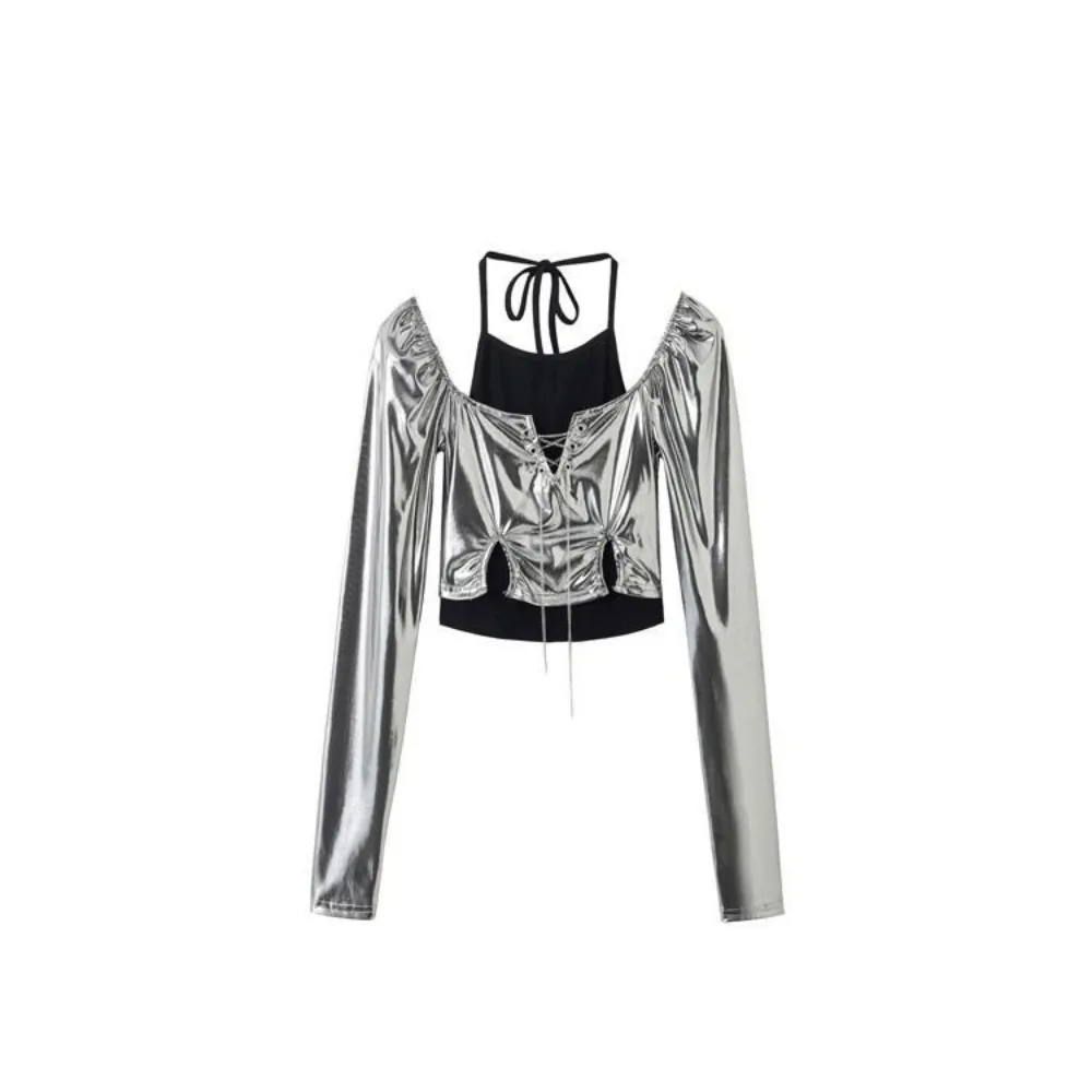 

Fashion Glossy Long Sleeve T Shirt Pullover Patchwork Fake Two-pieces Shirts Personality Undershirts Y2K Slim Crop Tops Spring