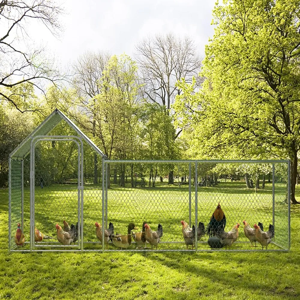 

Spacious Metal Chicken Enclosure with Roof, Outdoor Chicken and Rabbit Pen for Yard Use