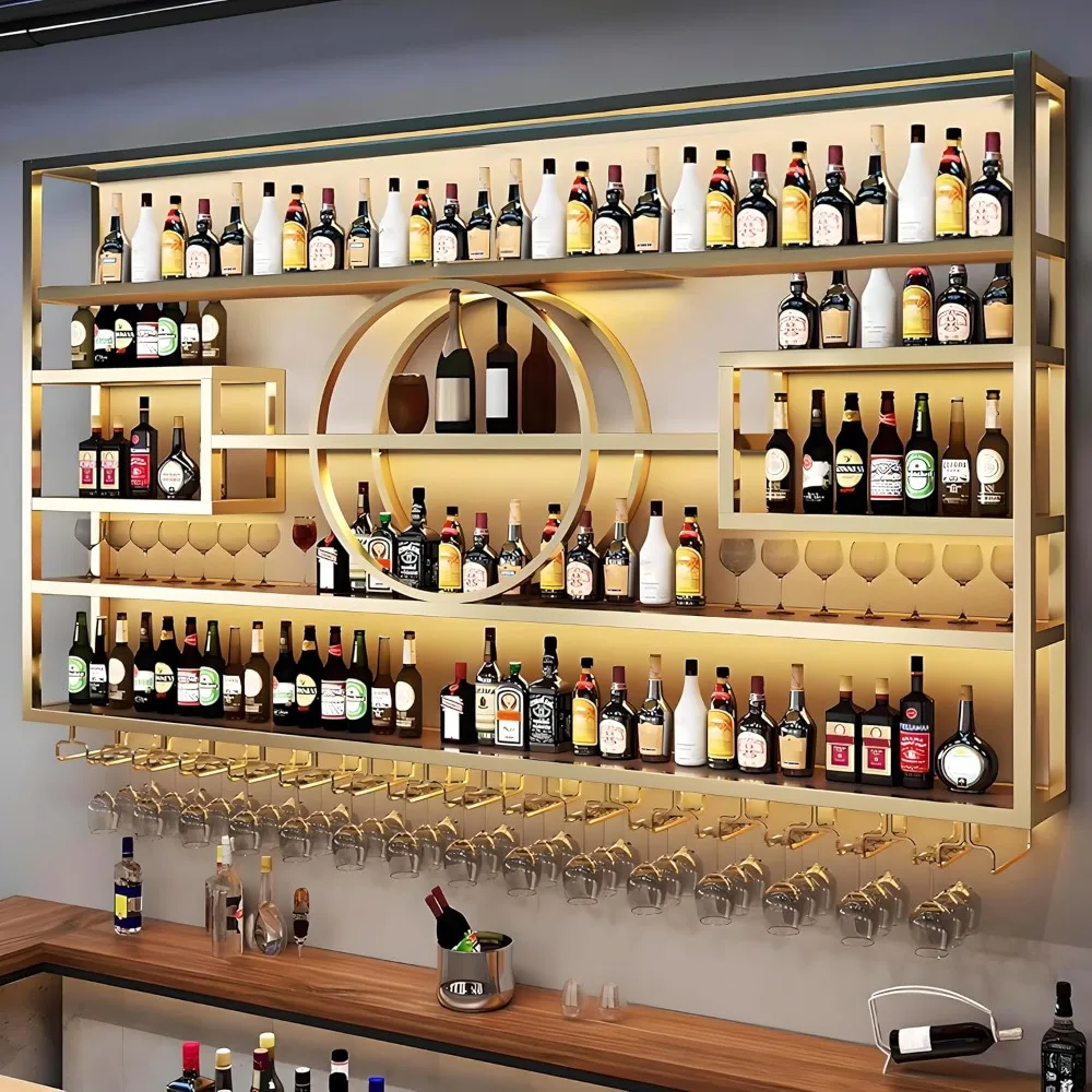 Rack de vinho de 63 polegadas montado na parede, prateleira de exibição de garrafas de vinho suspensa de grande capacidade com suporte para copos,