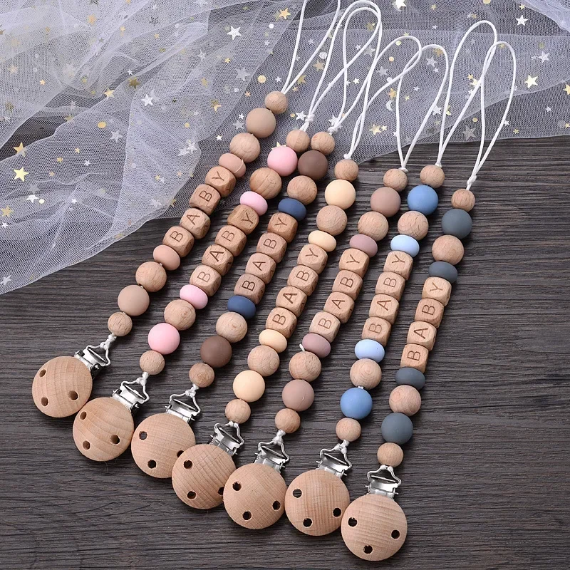 

Baby Personalized Name Pacifier Clips Chains DIY Wooden Silicone Beads Newborn Tiny Rod Dummy Nipple Holder Chain Teething Toys