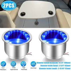 2Pcs LED Blue Cup Drink Holders Waterproof Stainless Steel Drink Holders for Marine Yacht Boat Camper Truck RV Seating