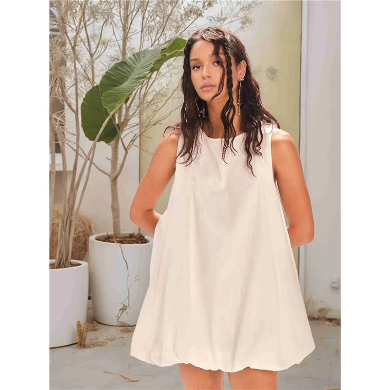 فستان ABP-Mini للنساء صيفي بدون أكمام وربطة عنق خلفية بدون أكمام فستان قصير برقبة دائرية مع جيوب