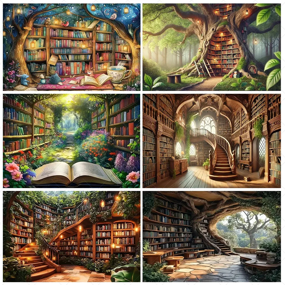 

Cartoon Forest Book Backdrop Fairytale Forest Library Background Birthday Party Decorations Baby Shower Supplies Photo Studio