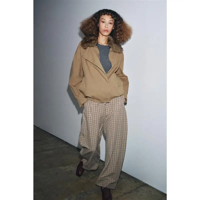 زر إغلاق غير مرئي ياقة من الفرو الاصطناعي ملابس خارجية للطيار Jaet ملابس خارجية محايدة فضفاضة تناسب طويلة Sve طول منتظم #2