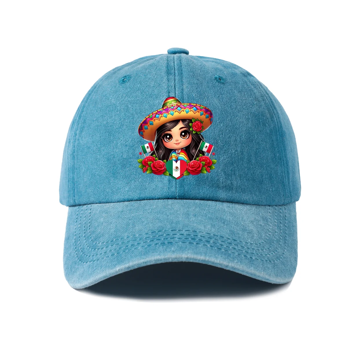Mexican Girl Fiesta Graphic Baseball Cap, Vintage Washed Adjustable Unisex Dad Hat, Casual Gift