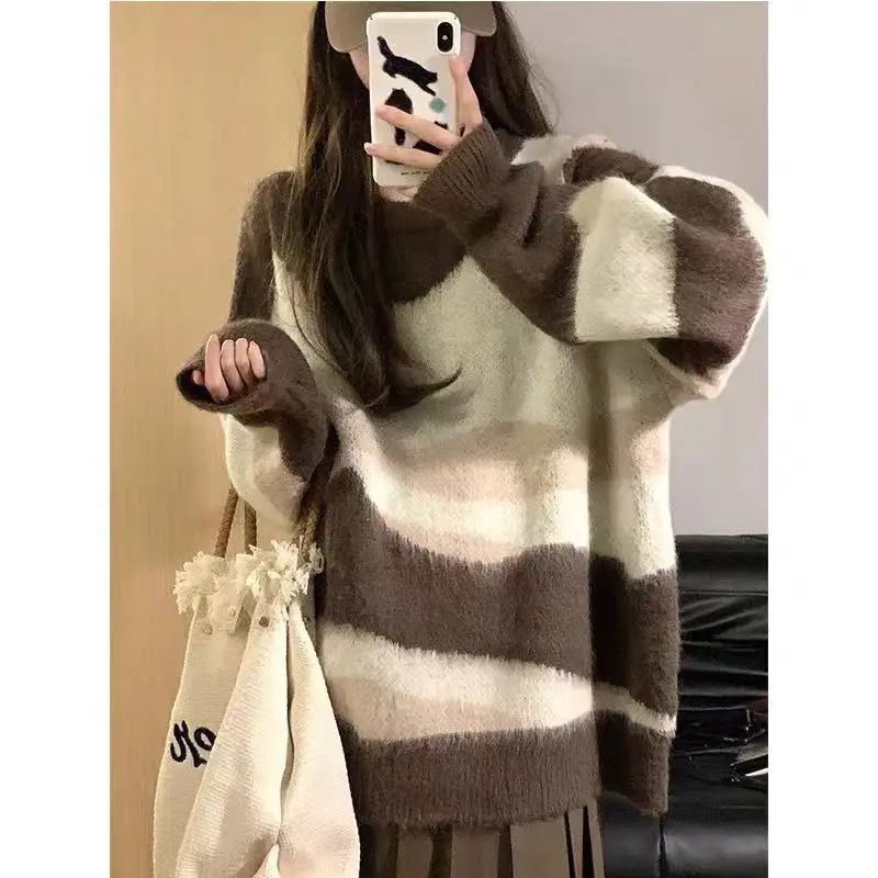 Loose Japan Style Vintage Fashion Lazy Patchwork Panelled Striped Sweater Women Autumn O-Neck Long Sleeve Screw Thread Knit Top