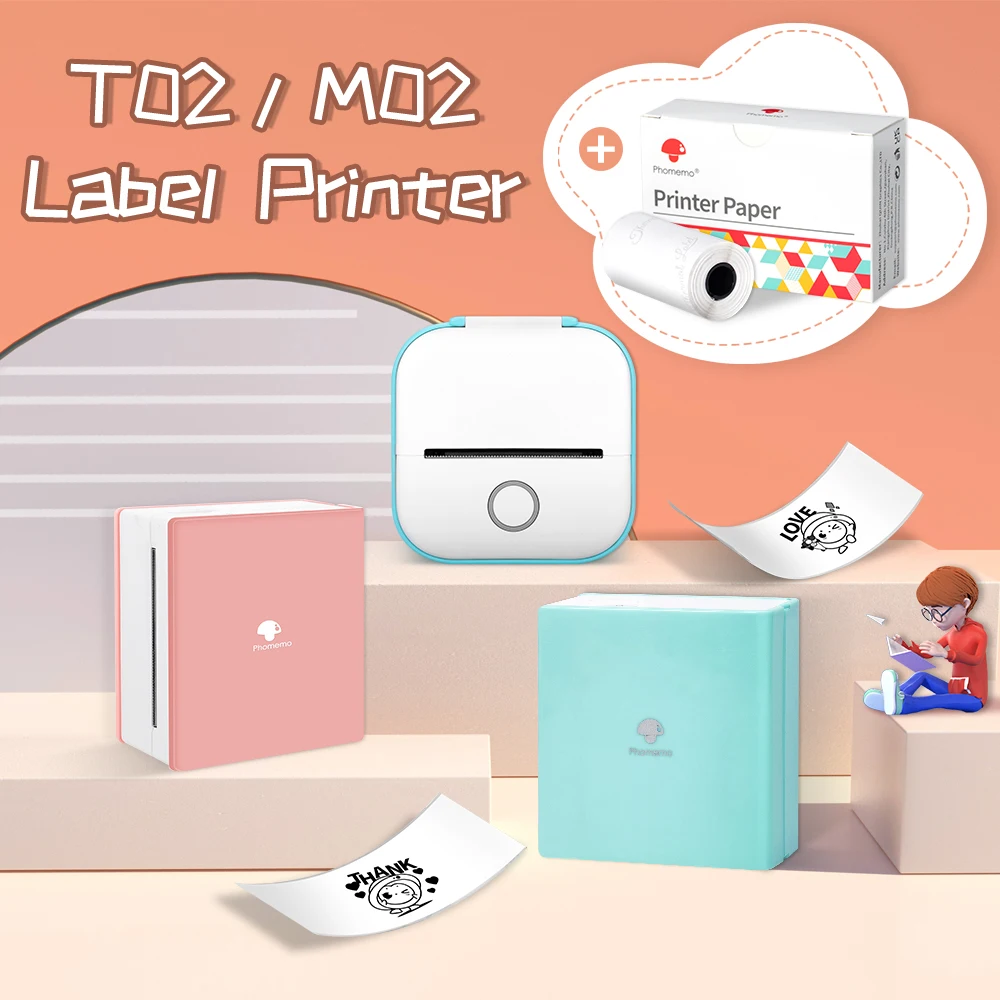 Phomemo Mini Printer T02/M02 Self-adhesive Sticker Portable Pocket Thermal Instant Photo Printer Wireless Receipt Label Maker