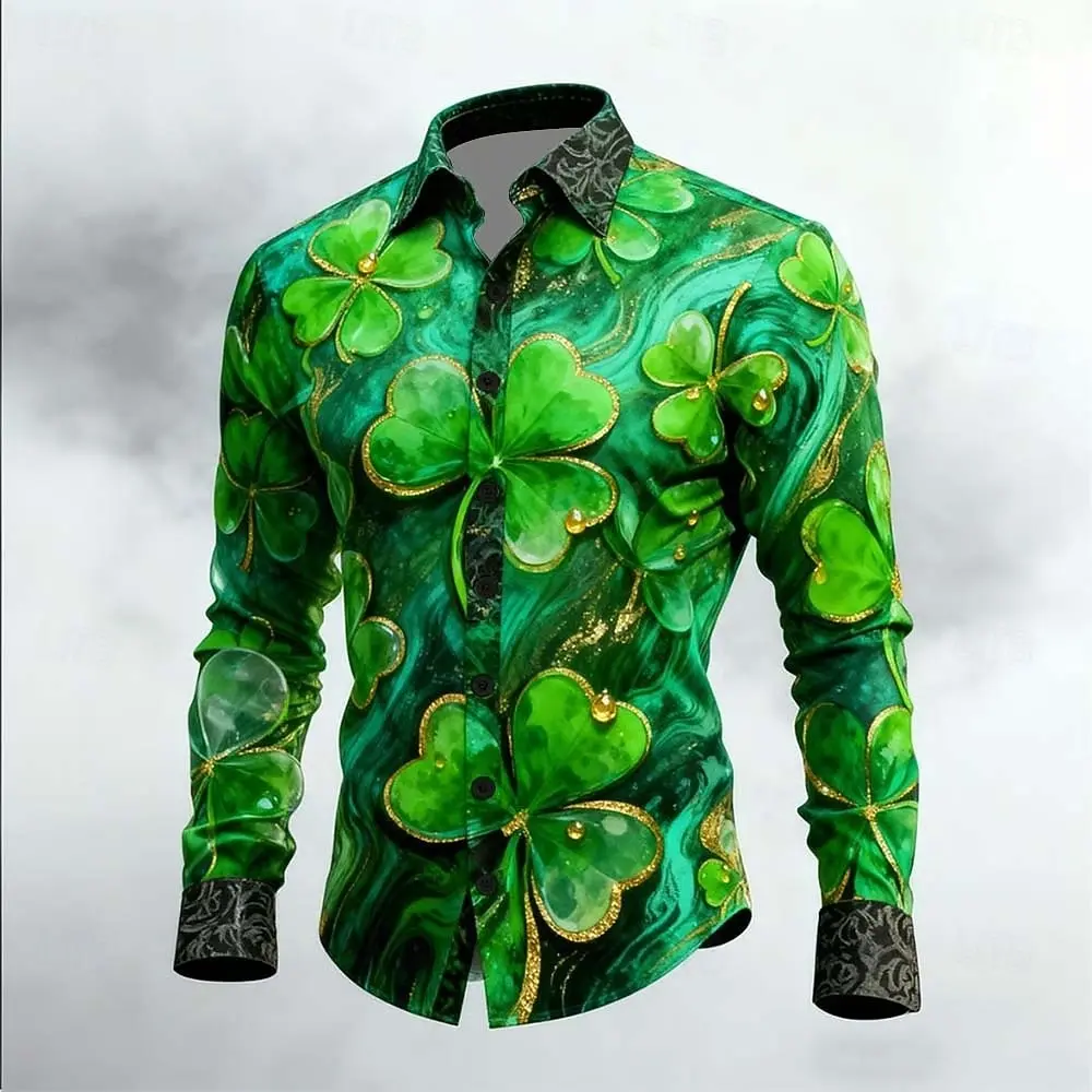 

Мужская рубашка с рисунком трилистника, рубашка на пуговицах с длинным рукавом, гавайская повседневная удобная рубашка для отпуска, праздника, Дня Святого Патрика, весна