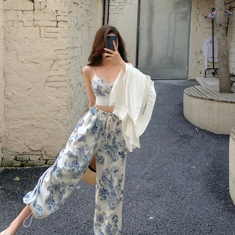 Women 2 Pieces Temperament Outfits, Floral Print V-Neck Spaghetti Strap Camisole  Drawstring Elastic Waist Long Pants Set