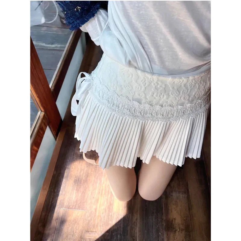 

Чистая милая кружевная плиссированная мини-юбка с повязками, японская облегающая юбка трапециевидной формы с высокой талией Y2k, Лолита Kawaii Faldas
