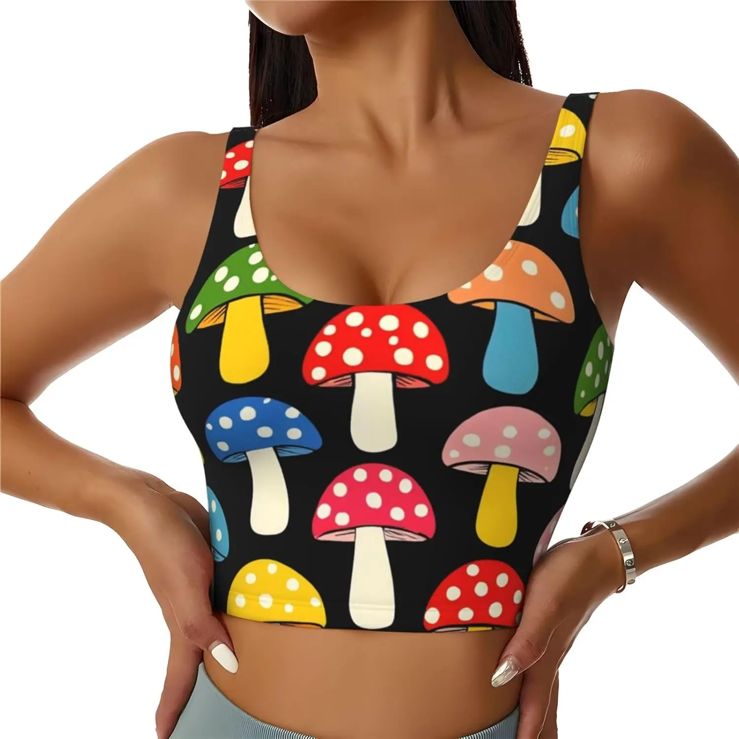 Cute Mushroom Pattern Sports Bras for Women Yoga Bra Workout Crop Tank Tops Racerback Running Bra