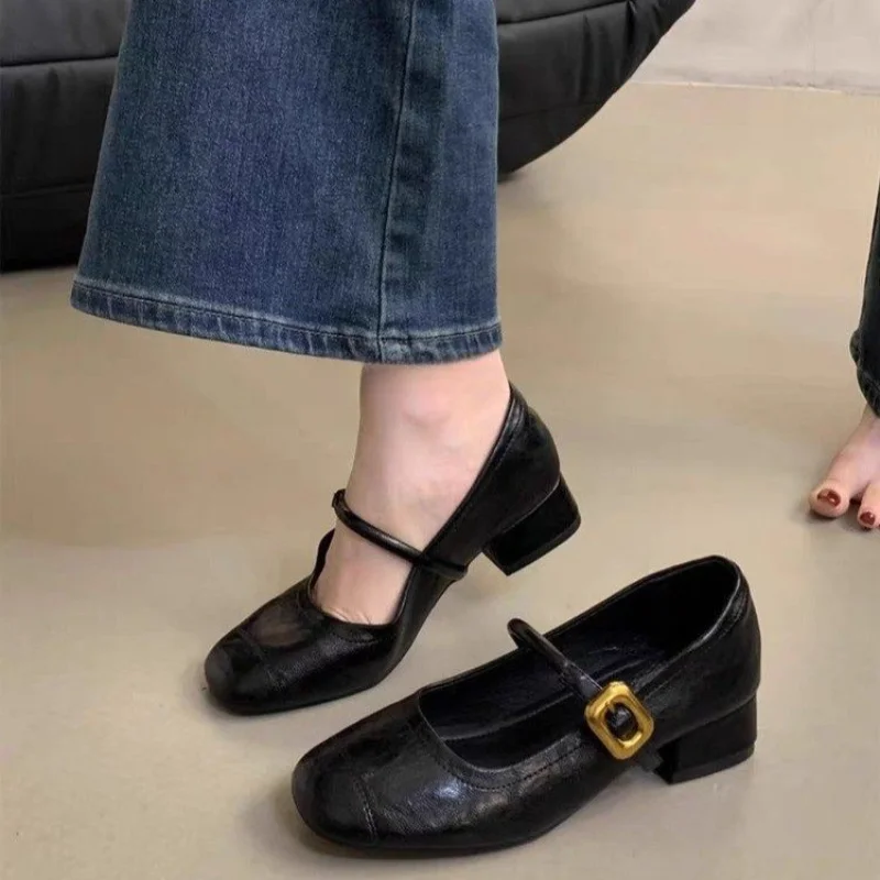Women's Retro Mary Jane Chunky Heel Shoes, Soft Leather Square Toe Buckle Pumps, Wide Feet Friendly Comfortable Work Flats