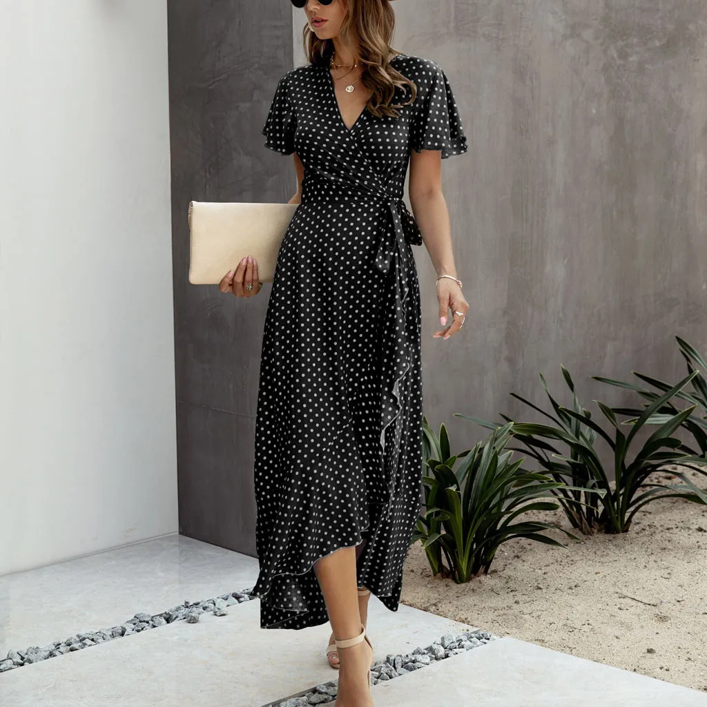 Czeski Polka Dot Wrap V Neck szyfonowa sukienka z krótkim rękawem Split Ruffles zasznurować Maxi sukienka moda Casual damska letnia sukienka