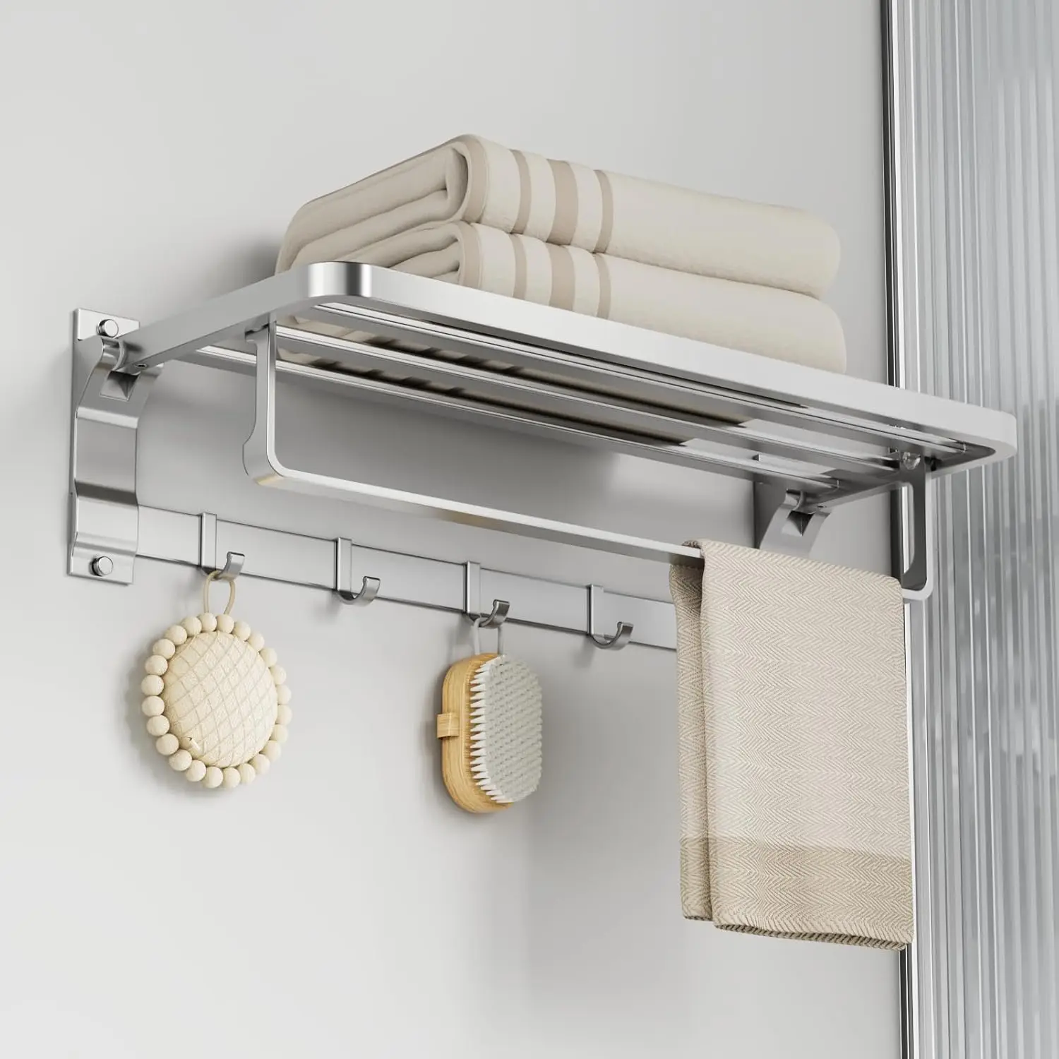 

90° Foldable 3-in-1 Towel Rack: Wall Mounted with 5 Hooks & Shelf, Rustproof Aluminum for Bathroom & Kitchen