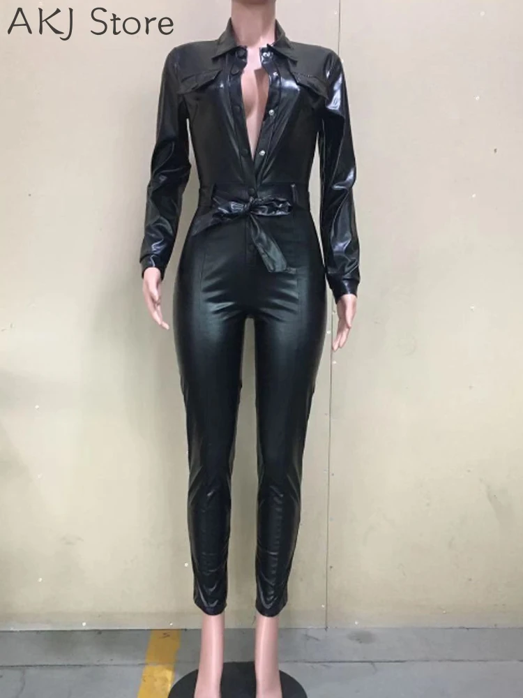 Sexy Black PU Faux Leather Jumpsuit Women Club Wear One Piece Rompers Long Sleeve Bodycon Jumpsuits