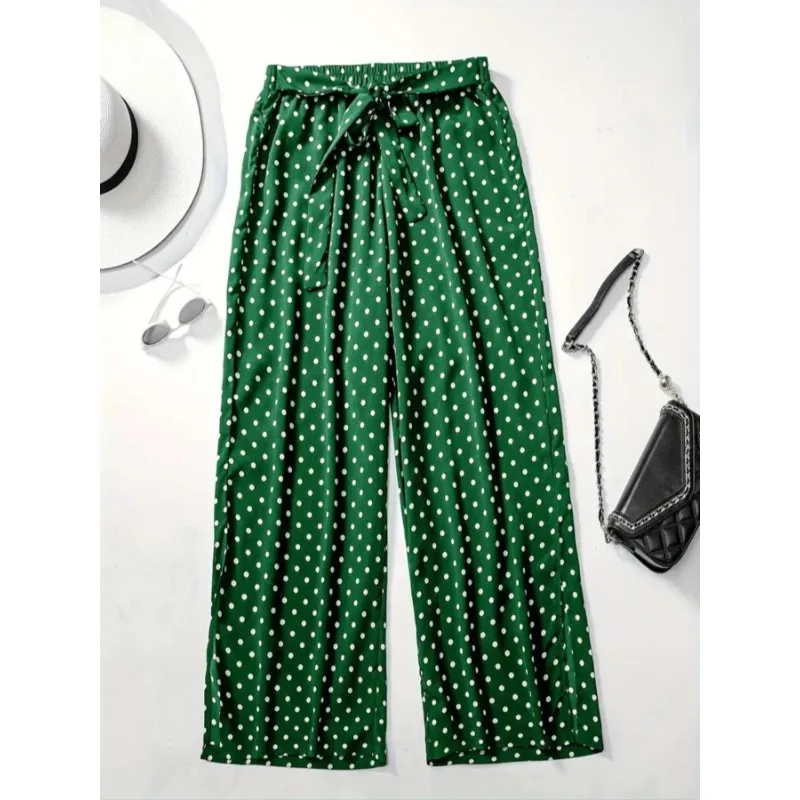 Plus Size 1XL-5XL สายรัดเอวแฟชั่นของผู้หญิงพร้อมกางเกงลําลองและสบายพิมพ์ลาย Polka Dot